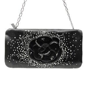 Retro Chanel Satin Crystal Camellia Evening Bag Black Strap Clutch Italy Rare